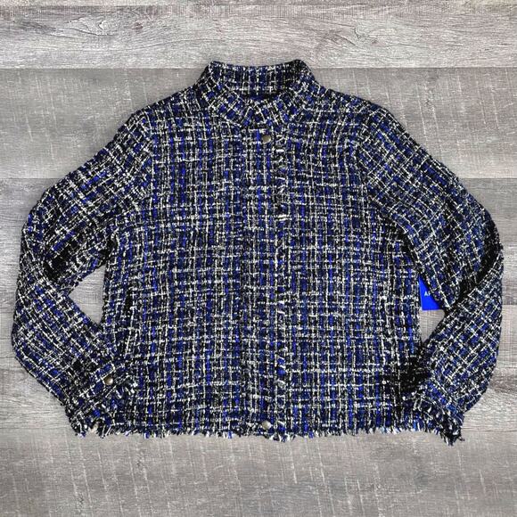 Apt 9 Tweed Moto Jacket Womens NEW L Metallic Blue Black Zip Snap Button Pockets - Picture 1 of 9